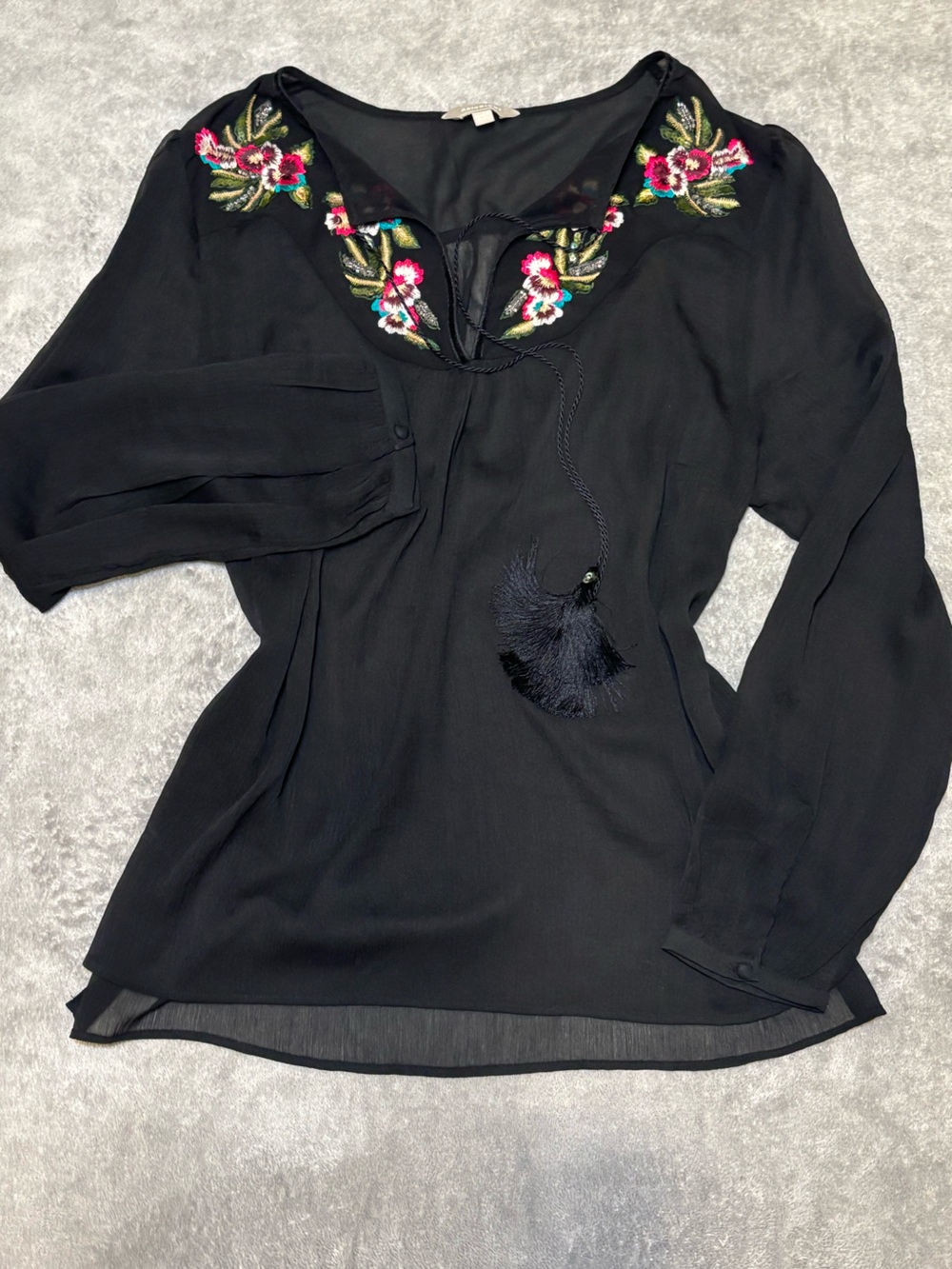 Anthology Black Sheer Embroidered Floral Tassel Tie Blouse Size 12